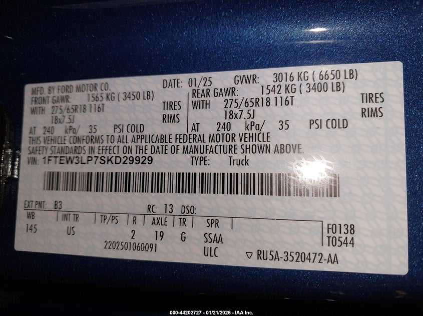 VIN 1FTEW3LP7SKD29929 2025 FORD F-150 XLT
