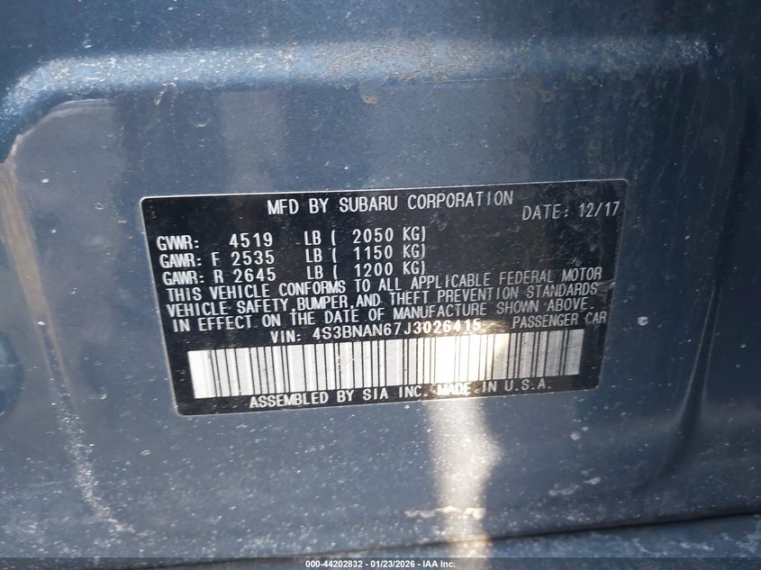 VIN 4S3BNAN67J3026415 2018 SUBARU LEGACY 2.5I LIMITED