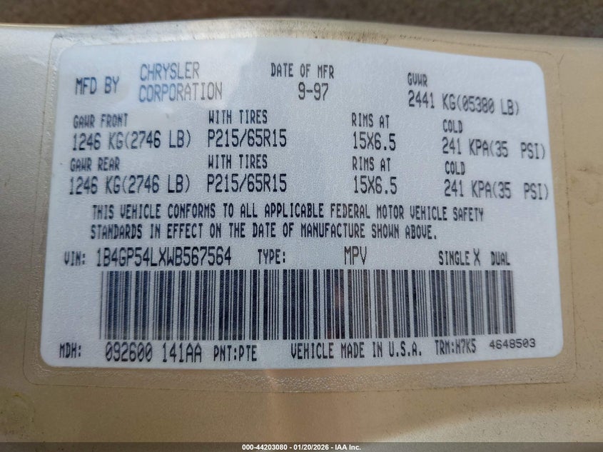 1998 Dodge Grand Caravan Es/Le VIN: 1B4GP54LXWB567564 Lot: 44203080
