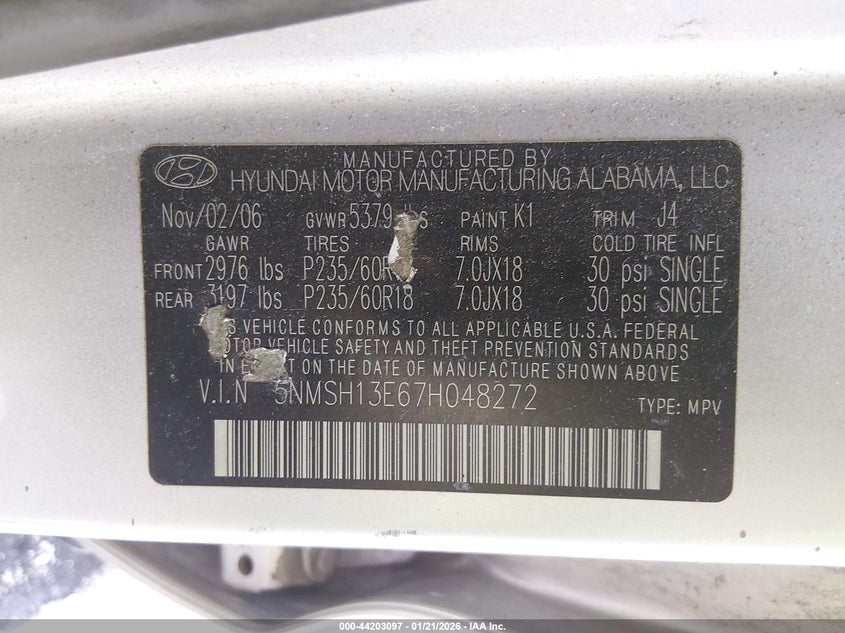2007 Hyundai Santa Fe Limited/Se VIN: 5NMSH13E67H048272 Lot: 44203097