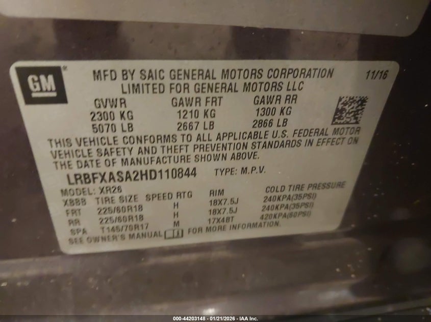 2017 Buick Envision Preferred VIN: LRBFXASA2HD110844 Lot: 44203148