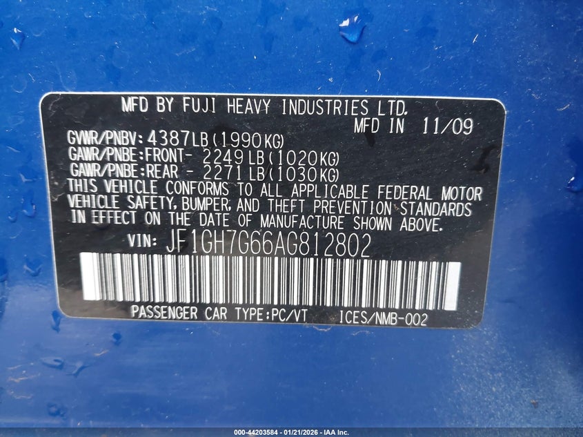 2010 Subaru Impreza Wrx VIN: JF1GH7G66AG812802 Lot: 44203584