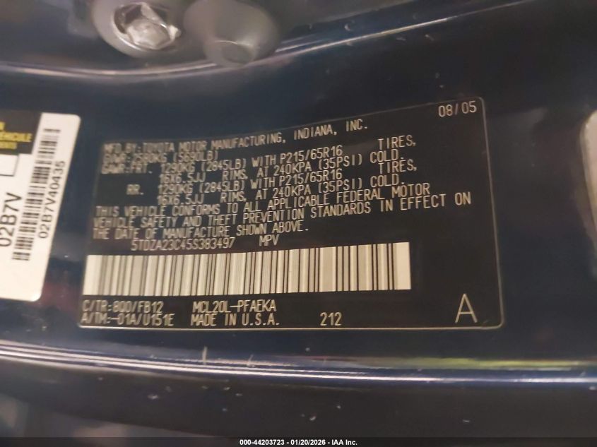 2005 Toyota Sienna Le VIN: 5TDZA23C45S383497 Lot: 44203723