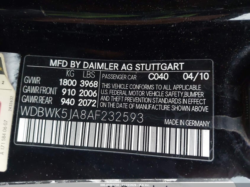 2010 Mercedes-Benz Slk 350 VIN: WDBWK5JA8AF232593 Lot: 44203730