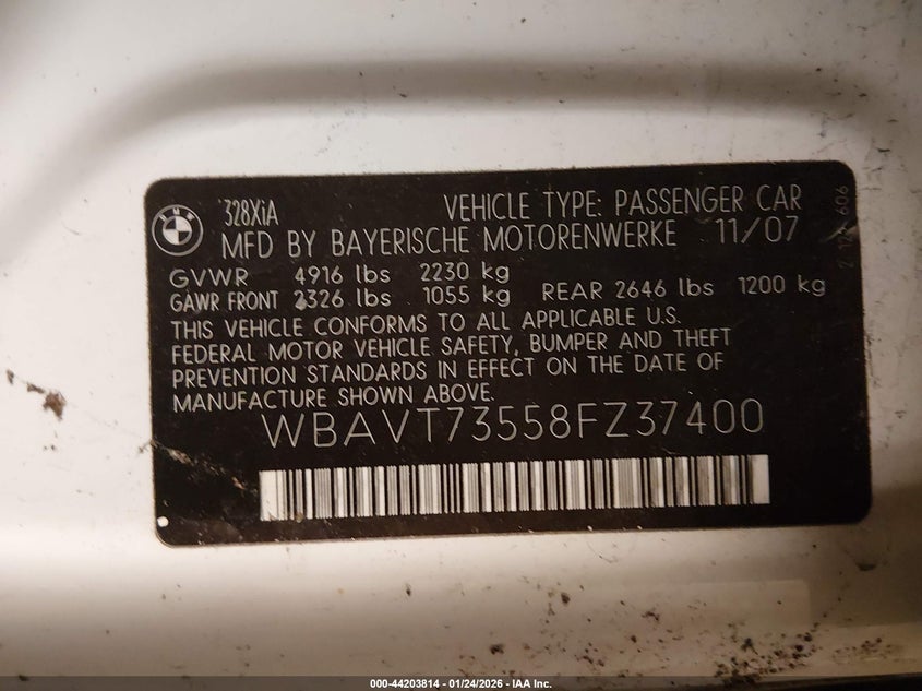 2008 BMW 328Xi VIN: WBAVT73558FZ37400 Lot: 44203814