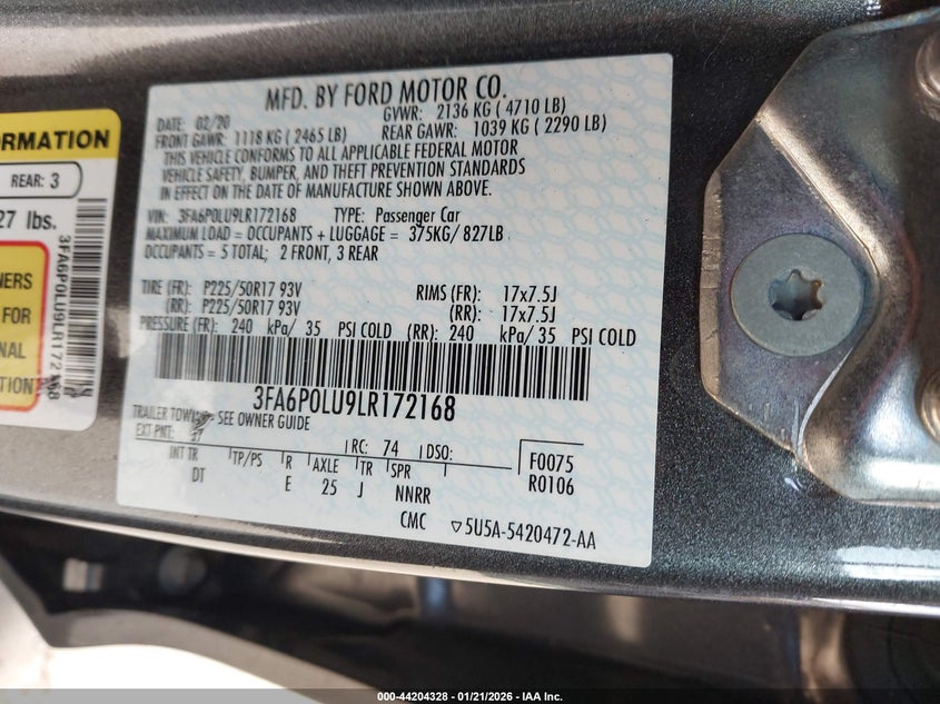 VIN 3FA6P0LU9LR172168 2020 FORD FUSION HYBRID SE