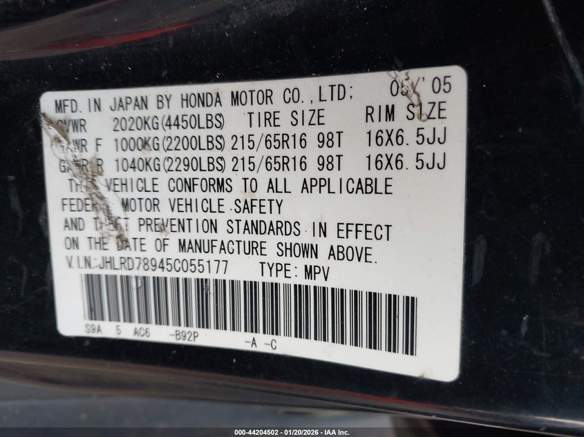 2005 Honda Cr-V Se VIN: JHLRD78945C055177 Lot: 44204502