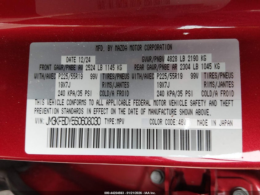 VIN JM3KFBDY5S0608030 2025 MAZDA CX-5 2.5 TURBO PREMIUM