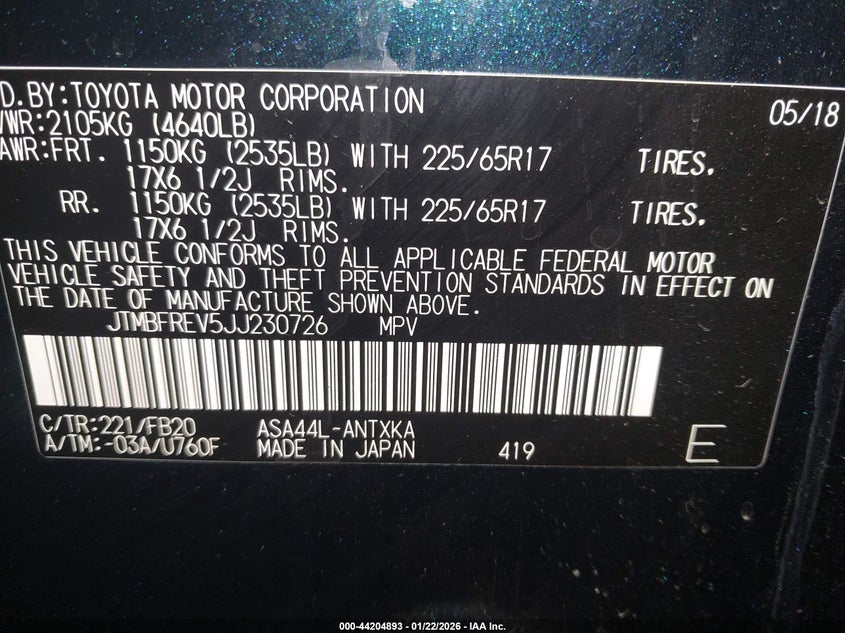 VIN JTMBFREV5JJ230726 2018 TOYOTA RAV4 LE