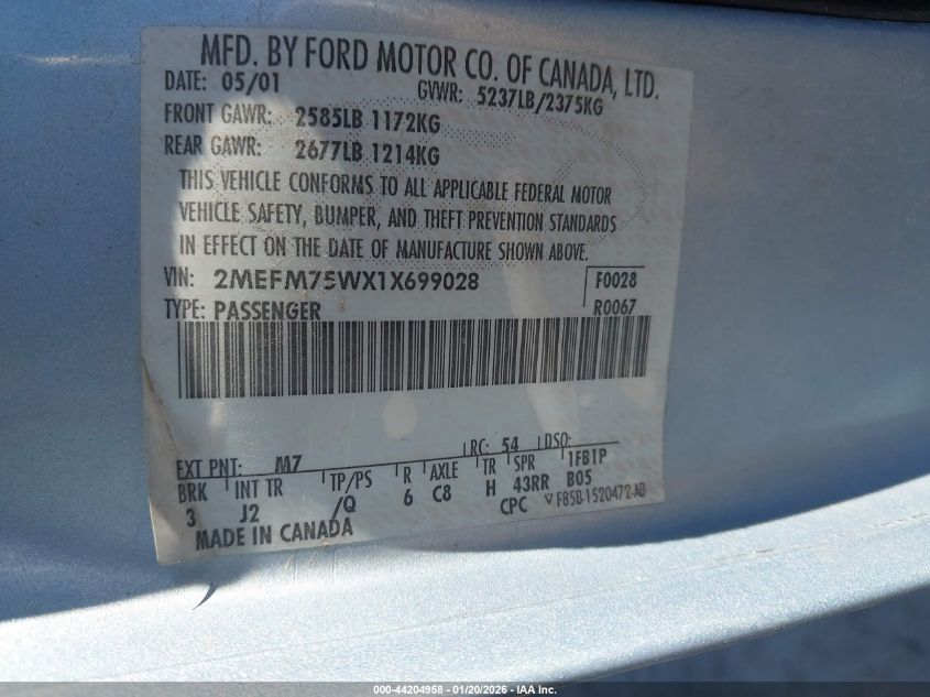 2001 Mercury Grand Marquis Ls VIN: 2MEFM75WX1X699028 Lot: 44204958