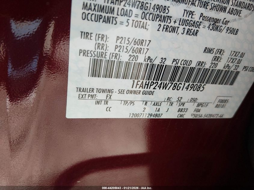 2008 Ford Taurus Sel VIN: 1FAHP24W78G149085 Lot: 44205043