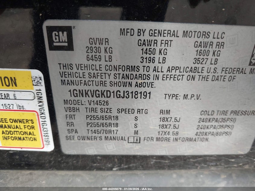 2016 Chevrolet Traverse 1Lt VIN: 1GNKVGKD1GJ318191 Lot: 44205079