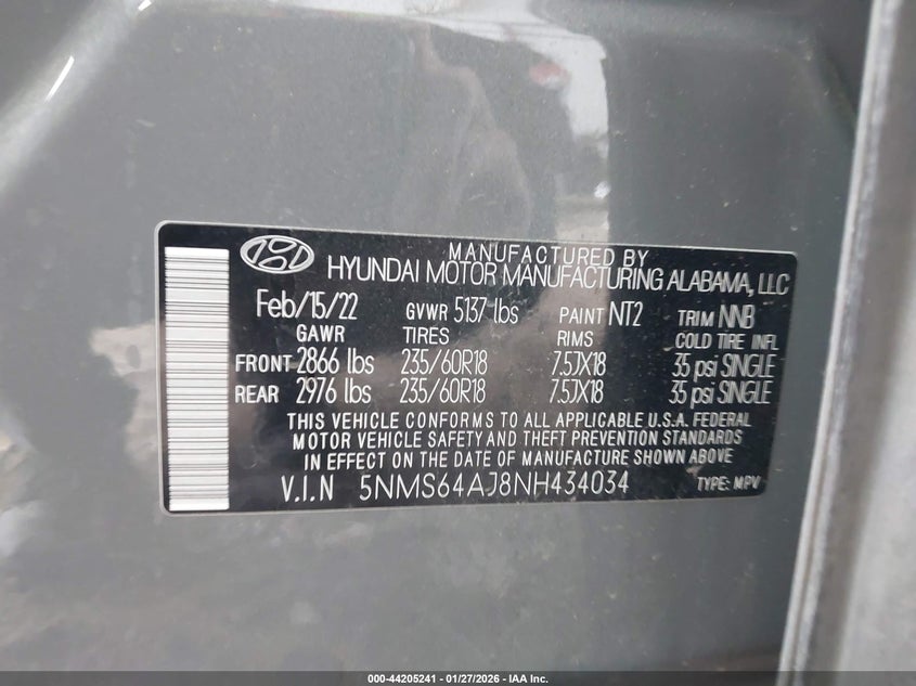 VIN 5NMS64AJ8NH434034 2022 HYUNDAI SANTA FE XRT
