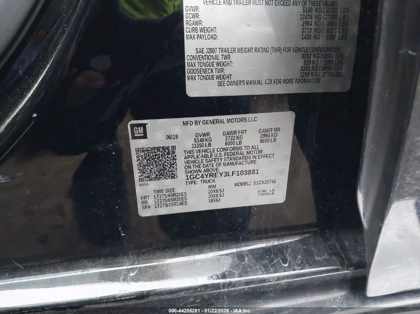 2020 Chevrolet Silverado 2500Hd 4Wd Standard Bed High Country VIN: 1GC4YREY3LF103881 Lot: 44205281