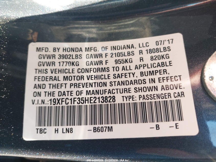 VIN 19XFC1F35HE213828 2017 HONDA CIVIC EX-T