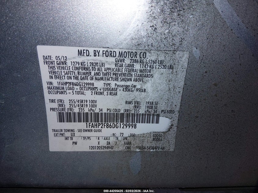 2013 Ford Taurus Limited VIN: 1FAHP2F86DG129998 Lot: 44205425