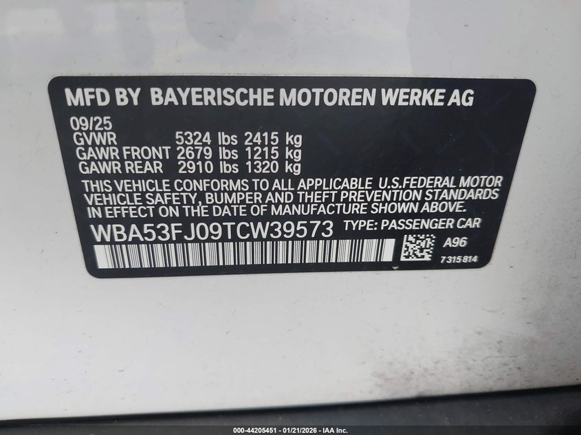 VIN WBA53FJ09TCW39573 2026 BMW 530I XDRIVE