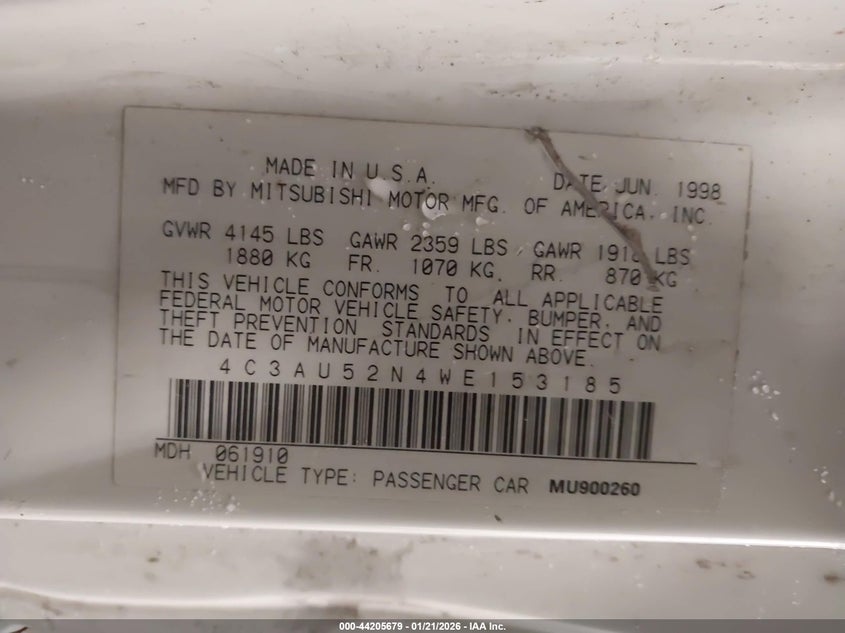 1998 Chrysler Sebring Lxi VIN: 4C3AU52N4WE153185 Lot: 44205679