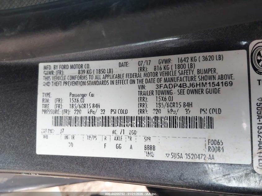 2017 Ford Fiesta Se VIN: 3FADP4BJ6HM154169 Lot: 44205752