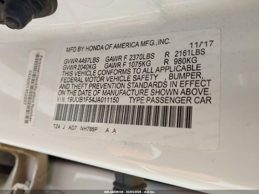 2018 Acura Tlx Tech Pkg VIN: 19UUB1F54JA011150 Lot: 44206108