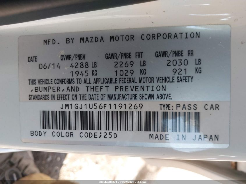 2015 Mazda Mazda6 I Sport VIN: JM1GJ1U56F1191269 Lot: 44206371