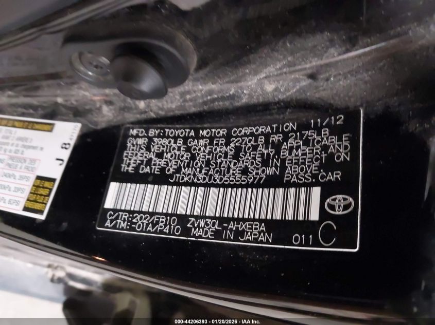 2013 Toyota Prius Two VIN: JTDKN3DU3D5555977 Lot: 44206393