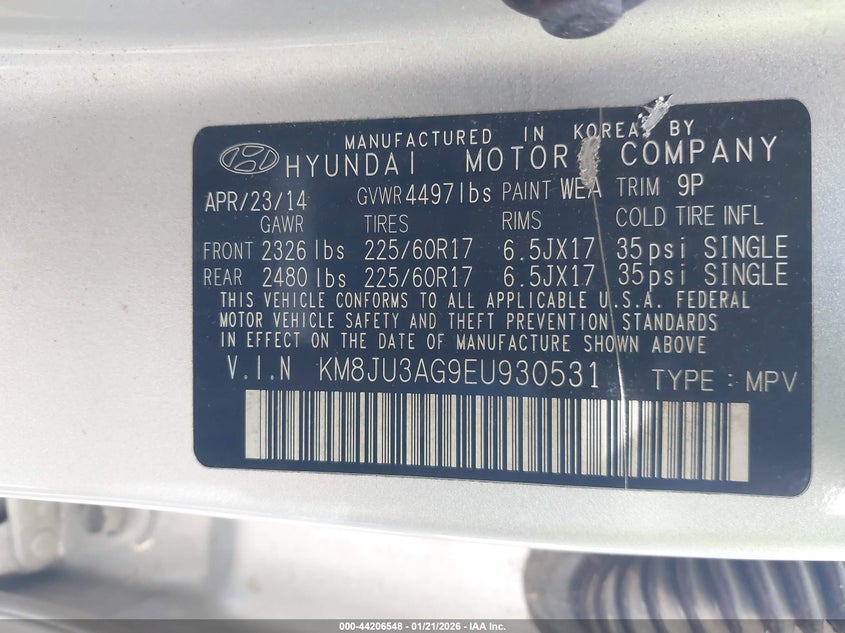 2014 Hyundai Tucson Se VIN: KM8JU3AG9EU930531 Lot: 44206548