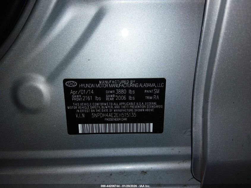 2014 Hyundai Elantra Se VIN: 5NPDH4AE2EH515135 Lot: 44206744