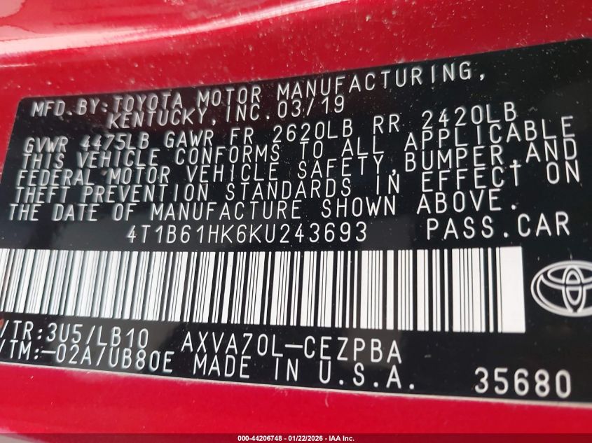 2019 Toyota Camry Xse VIN: 4T1B61HK6KU243693 Lot: 44206748