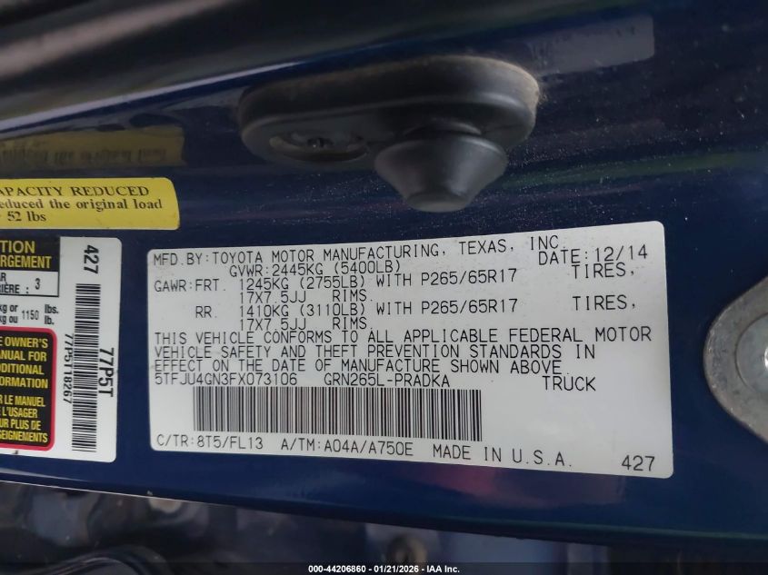 2015 Toyota Tacoma Prerunner V6 VIN: 5TFJU4GN3FX073106 Lot: 44206860