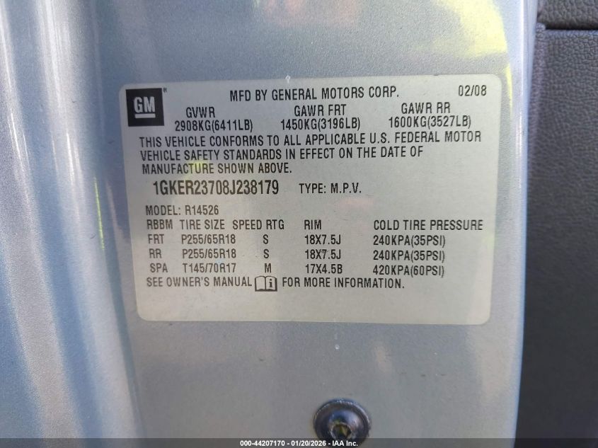 2008 GMC Acadia Slt-1 VIN: 1GKER23708J238179 Lot: 44207170