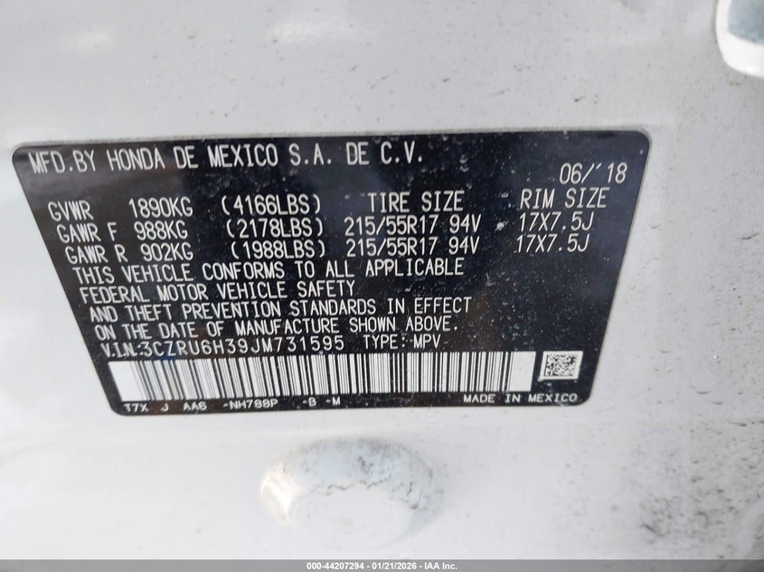 VIN 3CZRU6H39JM731595 2018 HONDA HR-V LX