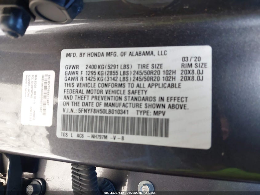 2020 Honda Passport Awd Ex-L VIN: 5FNYF8H50LB010341 Lot: 44207412