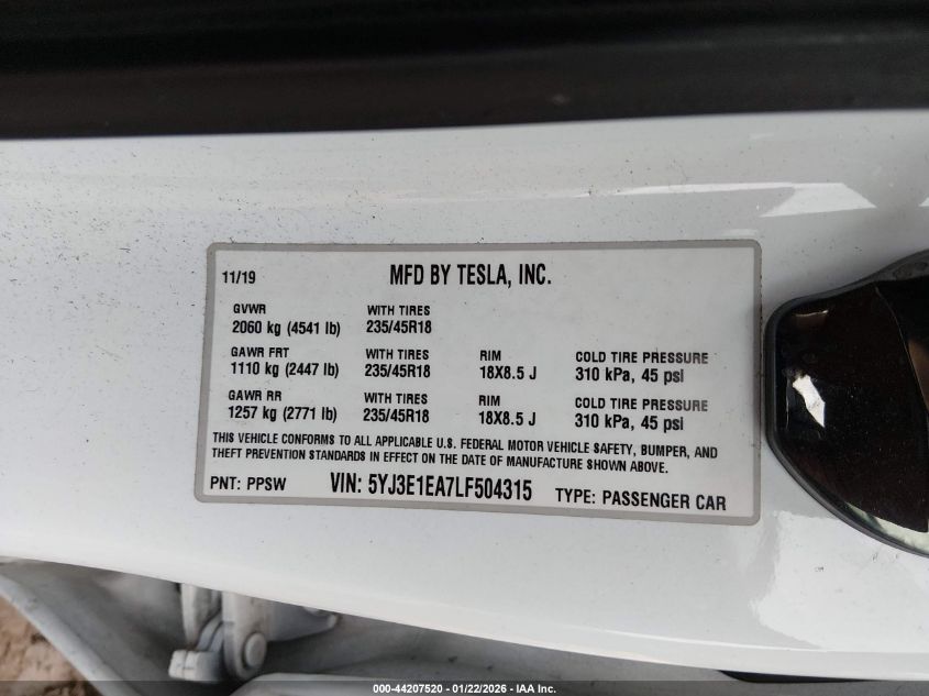 2020 Tesla Model 3 Standard Range Plus/Standard Range Rear-Wheel Drive VIN: 5YJ3E1EA7LF504315 Lot: 44207520