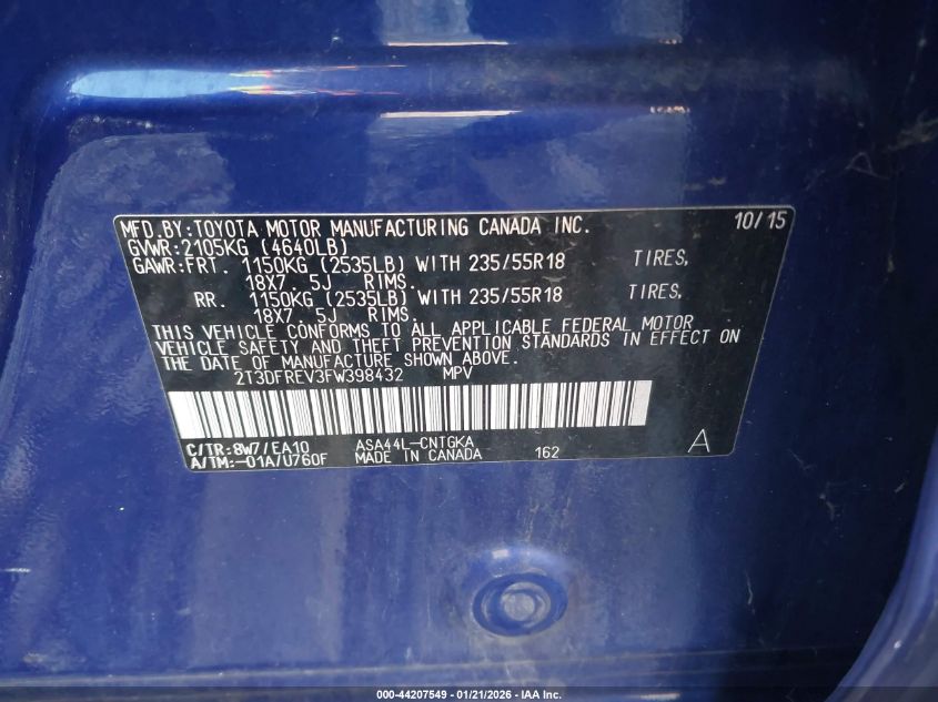 2015 Toyota Rav4 Limited VIN: 2T3DFREV3FW398432 Lot: 44207549