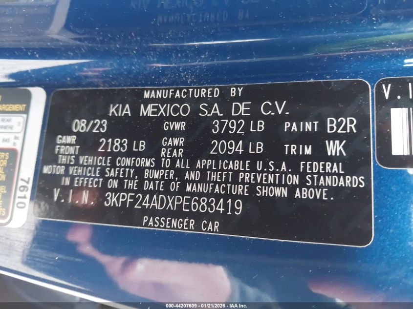 2023 Kia Forte Lxs VIN: 3KPF24ADXPE683419 Lot: 44207609