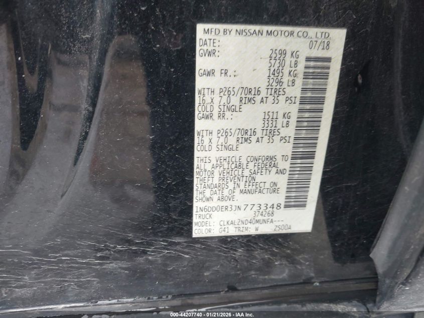 2018 Nissan Frontier Sv VIN: 1N6DD0ER3JN773348 Lot: 44207740