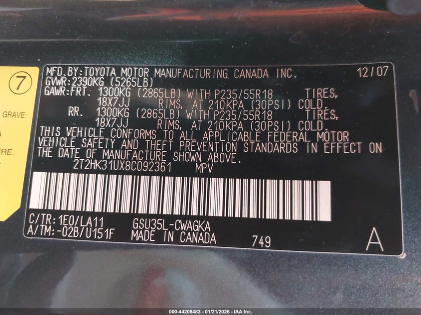 2008 Lexus Rx 350 VIN: 2T2HK31UX8C092361 Lot: 44208483