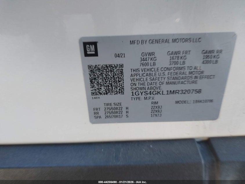 2021 Cadillac Escalade 4Wd Sport Platinum VIN: 1GYS4GKL1MR320758 Lot: 44208498