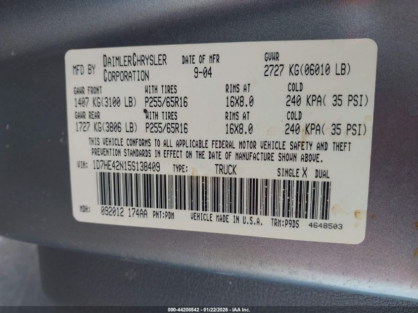 2005 Dodge Dakota Slt VIN: 1D7HE42N15S138409 Lot: 44208542