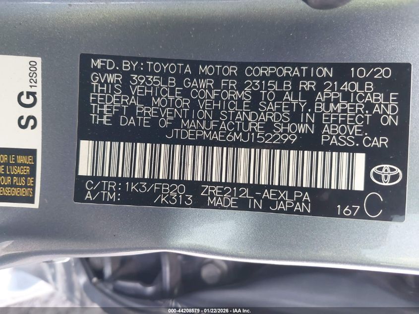 2021 Toyota Corolla Le VIN: JTDEPMAE6MJ152299 Lot: 44208579