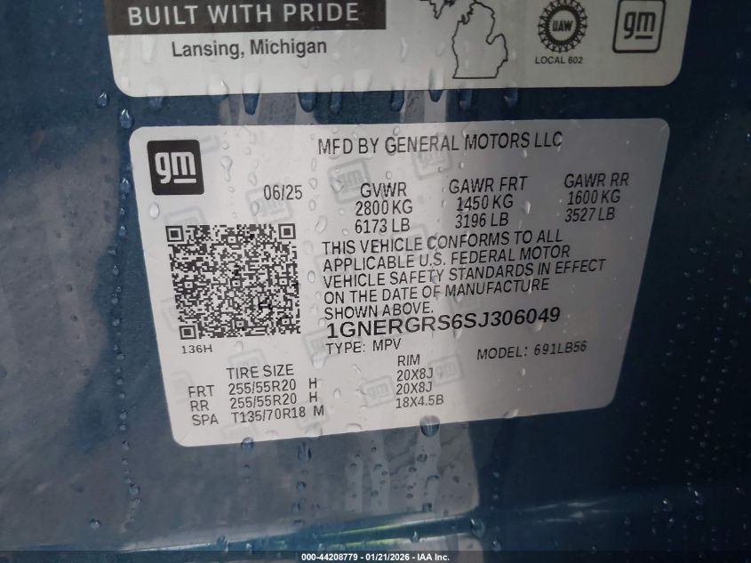2025 Chevrolet Traverse Fwd Lt VIN: 1GNERGRS6SJ306049 Lot: 44208779