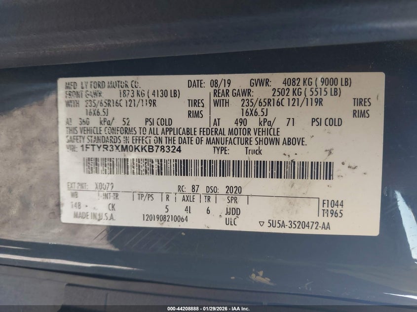 2019 FORD TRANSIT VAN 3.7L V-6 DOHC, VVT, 275HP