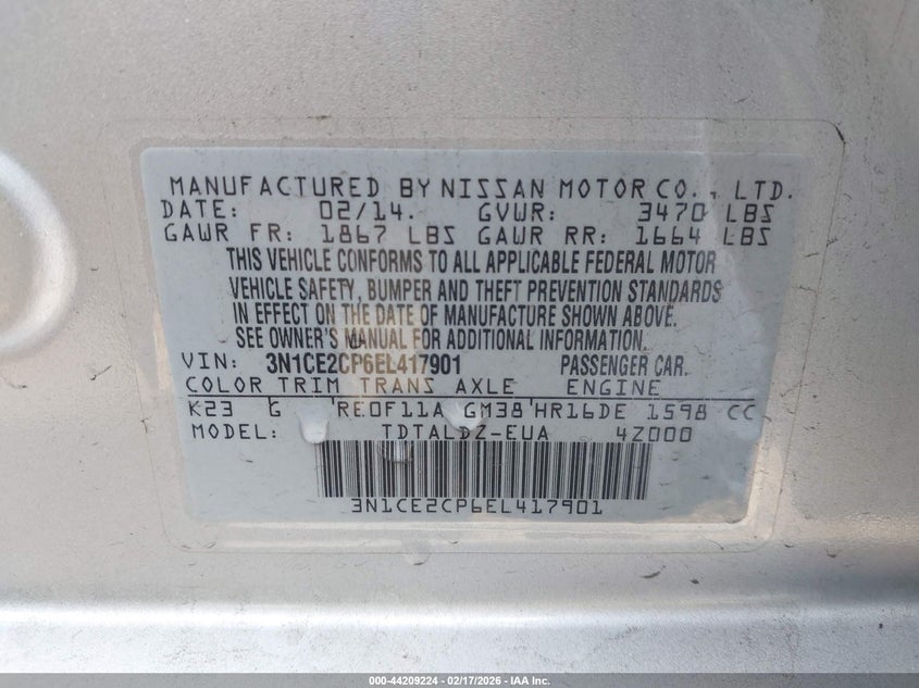 2014 Nissan Versa Note S (Sr)/S Plus/Sv VIN: 3N1CE2CP6EL417901 Lot: 44209224