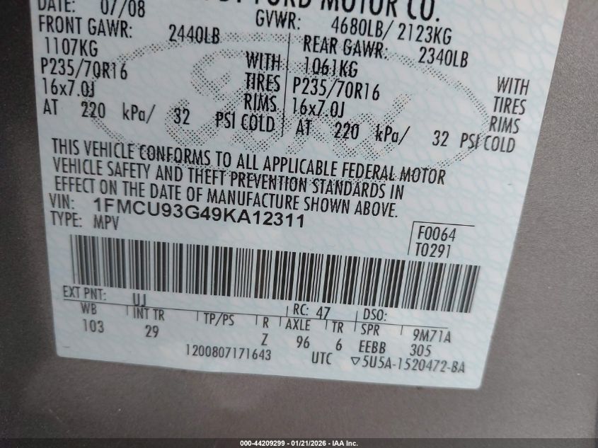 2009 Ford Escape Xlt VIN: 1FMCU93G49KA12311 Lot: 44209299