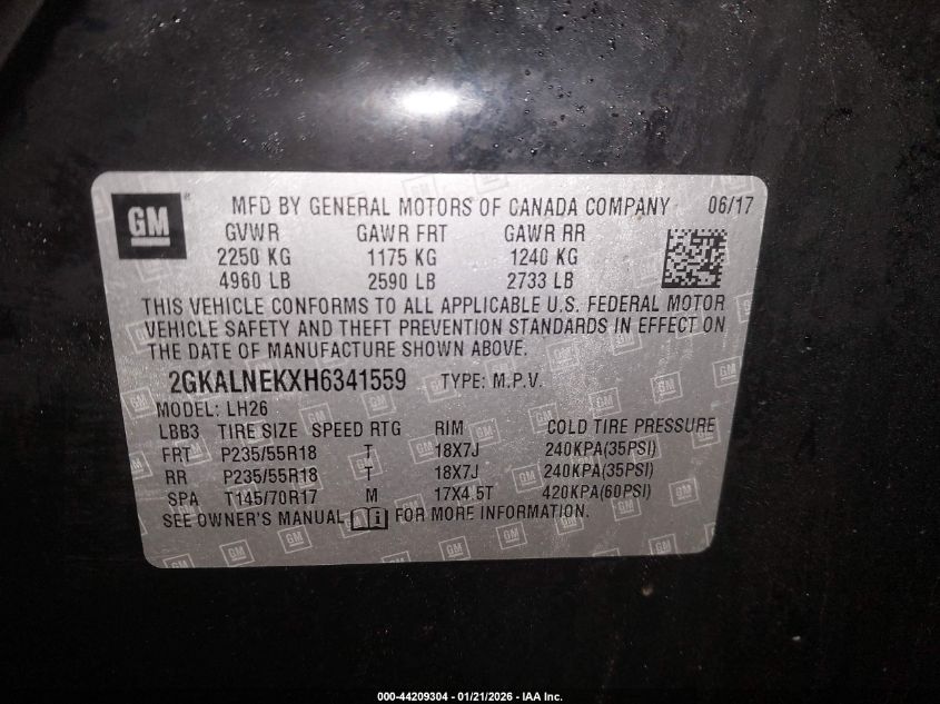 2017 GMC Terrain Sle-2 VIN: 2GKALNEKXH6341559 Lot: 44209304
