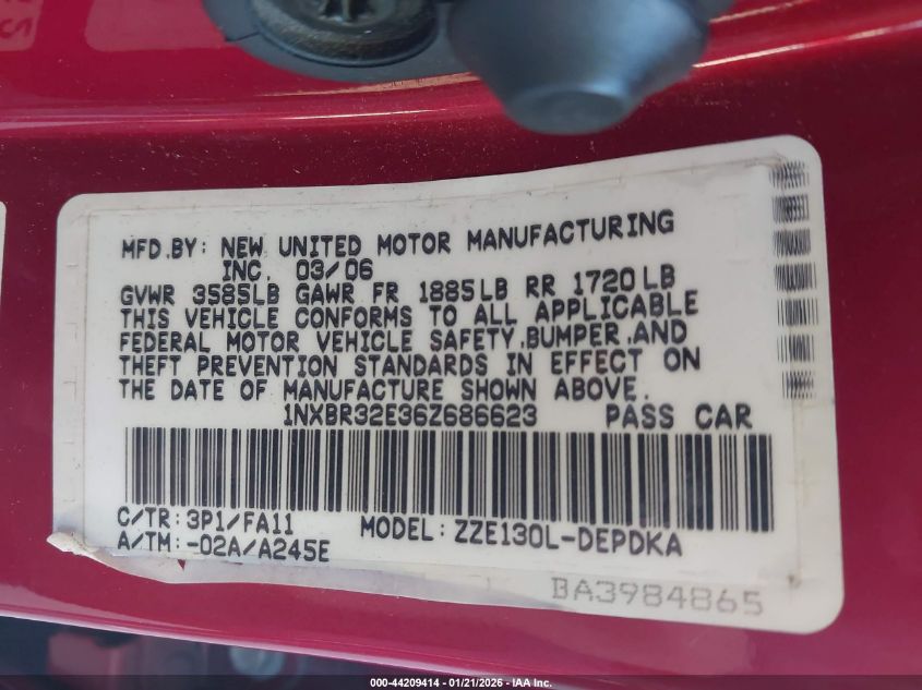 2006 Toyota Corolla Ce VIN: 1NXBR32E36Z686623 Lot: 44209414