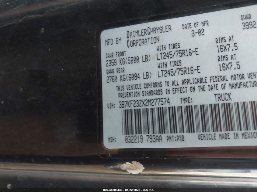 2002 Dodge Ram 2500 St VIN: 3B7KF23ZX2M277574 Lot: 44209433