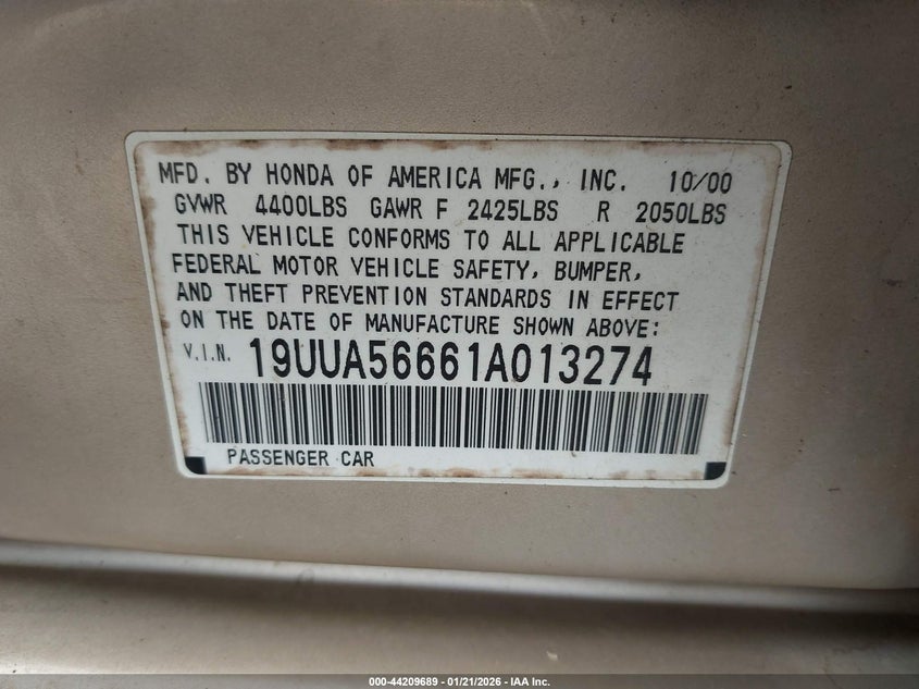 2001 Acura Tl 3.2 VIN: 19UUA56661A013274 Lot: 44209689