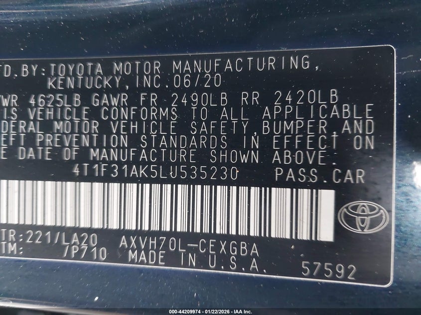 2020 Toyota Camry Xle Hybrid VIN: 4T1F31AK5LU535230 Lot: 44209974